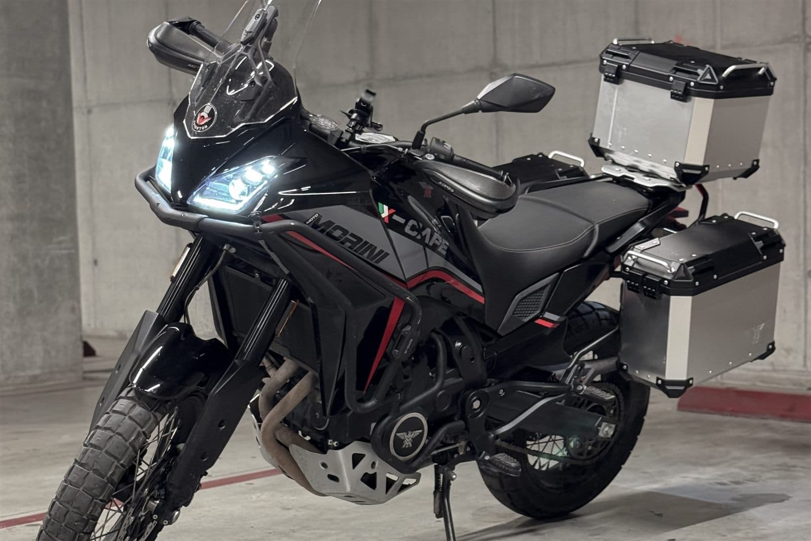 Moto Morini X-Cape 650 parked indoors