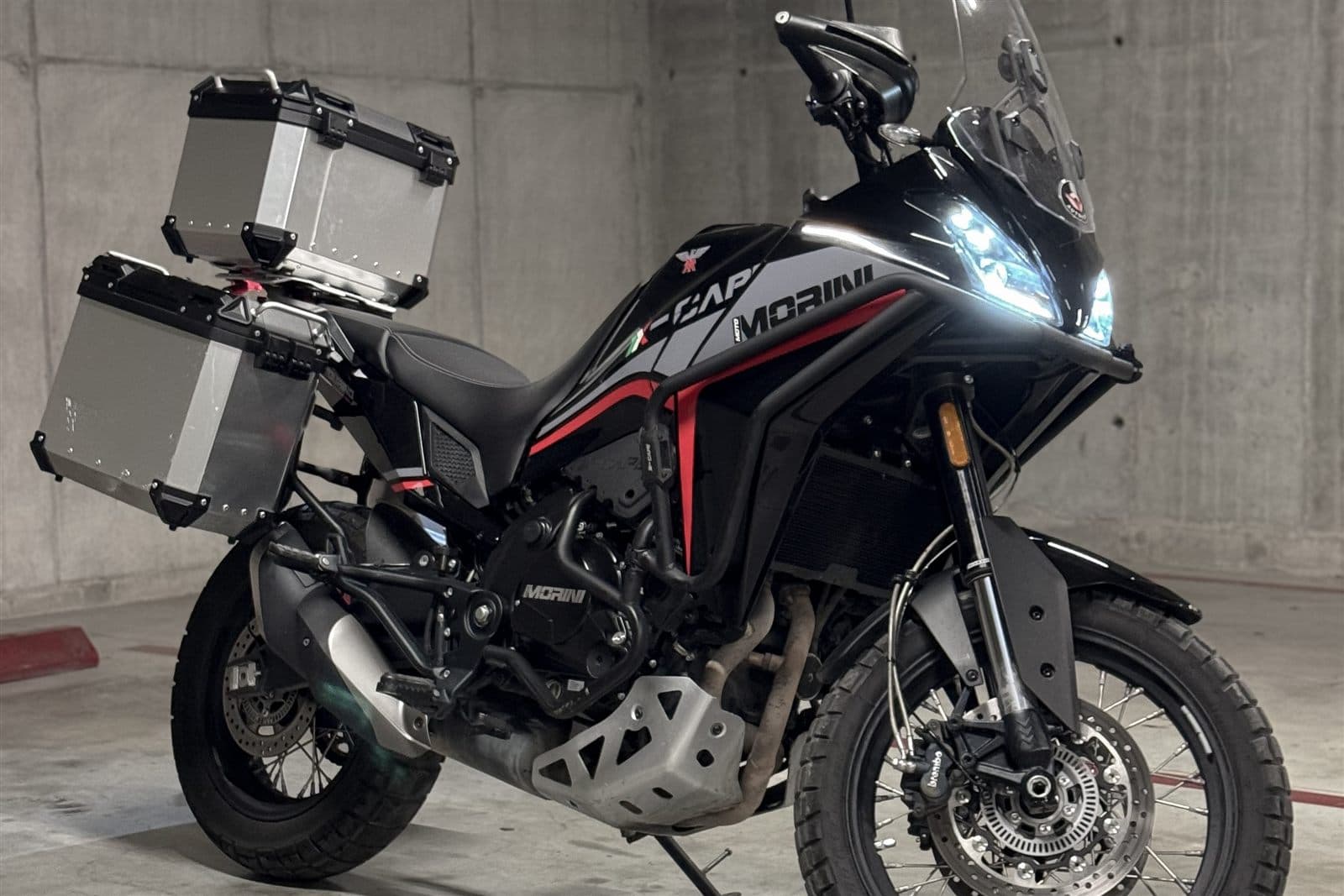 Moto Morini X-Cape 650 front three-quarter view with panniers